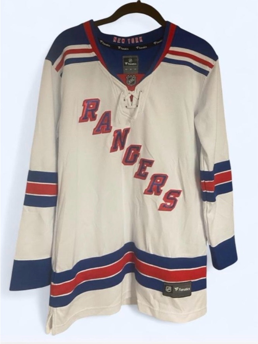 Fanatics White New York Rangers Hockey Jersey with Blue & Red Trim